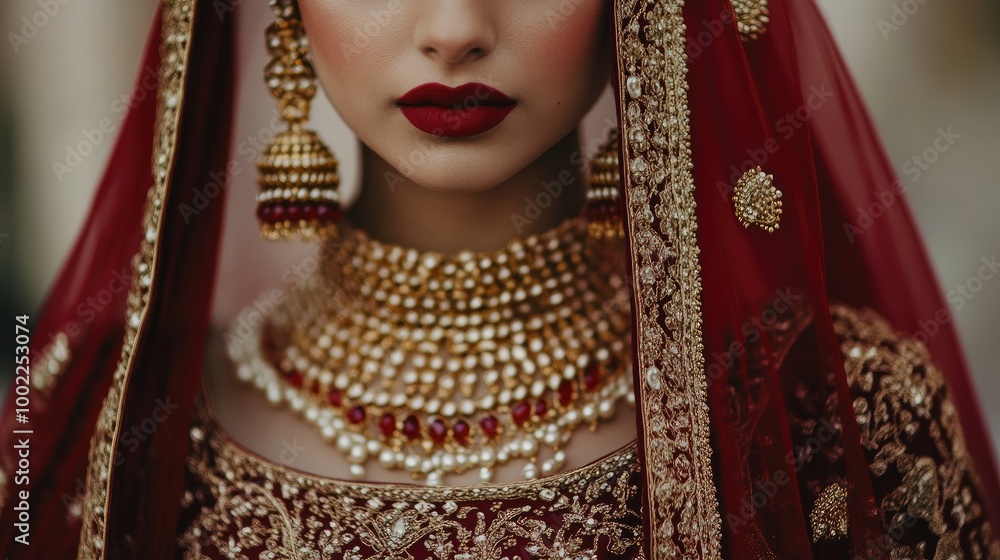 A richly designed Indian bridal dress in deep red with golden accents, paired with elaborate jewelry in rubies and pearls. A richly designed Indian bridal dress in deep red with golden accents, paired with elaborate jewelry in rubies and pearls.