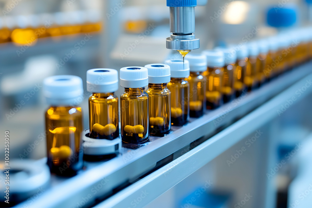 Automated Capsule Filling Machine with Bottles on Conveyor Belt - Realistic Photo Automated Capsule Filling Machine with Bottles on Conveyor Belt - Realistic Photo