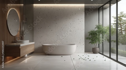 Modern bathroom interior with wooden vanity and speckled wall design in conte...