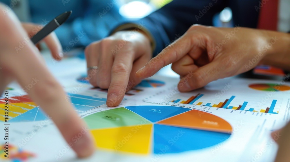 Fototapeta premium Hands Pointing at Colorful Pie Chart for Analysis