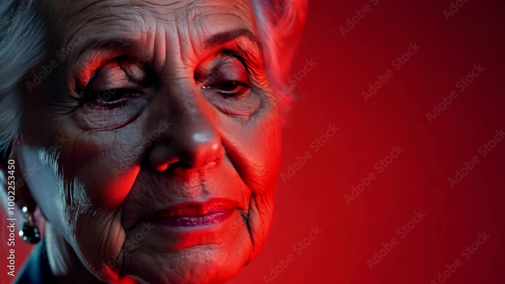 Elderly woman in dramatic red lighting with thoughtful expression Elderly woman in dramatic red lighting with thoughtful expression