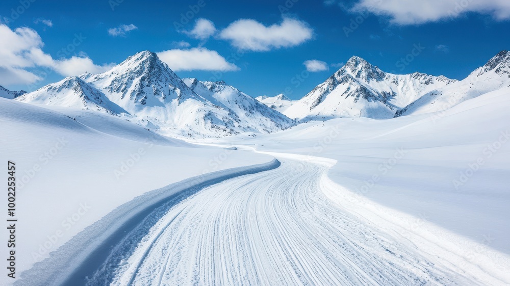Obraz premium Winter is coming. Snowy mountain pass with a winding road, faraway peaks and clouds, sharp focus on every detail, winter scenery unfolding 