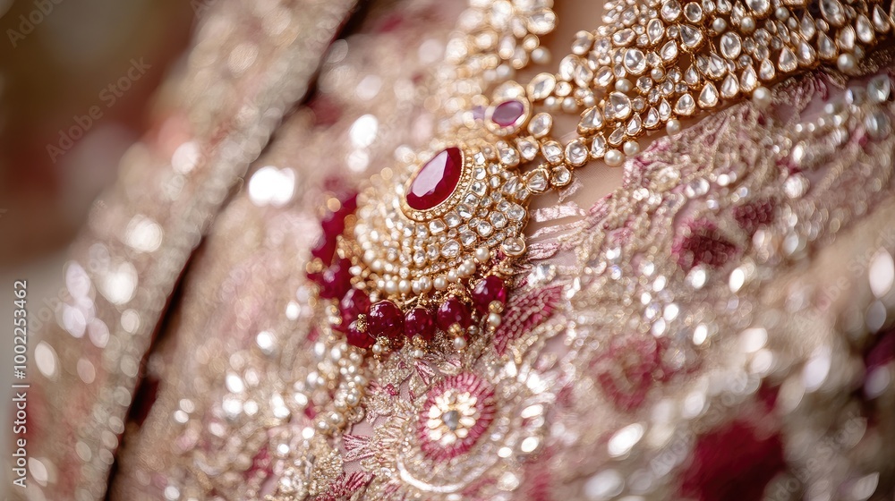 Close-up of a bridal dress with intricate designs, with stunning bridal accessories featuring rubies and pearls. Close-up of a bridal dress with intricate designs, with stunning bridal accessories featuring rubies and pearls.