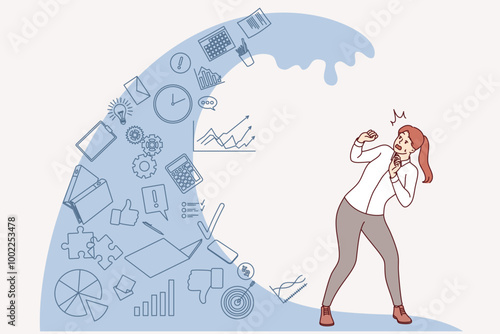 Woman, victim of information overload, stands under wave of intrusive news that causes violation of attentiveness. Problem of information overload for business lady who got job in large corporation
