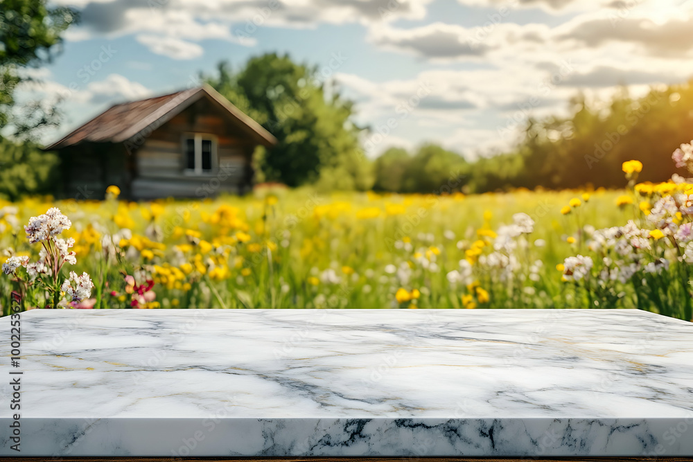 White Marble Tabletop with Blurred Background of Flower Field and Cottage White Marble Tabletop with Blurred Background of Flower Field and Cottage