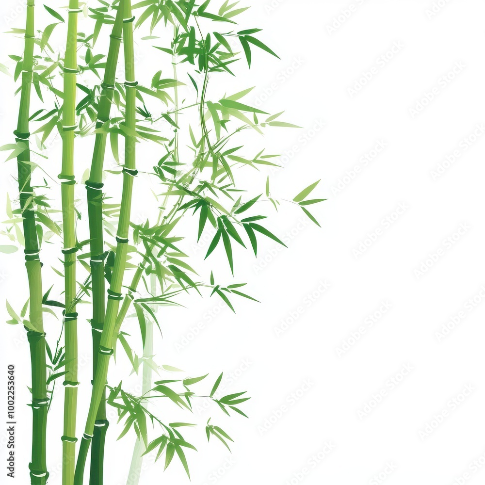Vibrant green bamboo stalks with delicate leaves against a clean white background, perfect for nature-themed designs. Vibrant green bamboo stalks with delicate leaves against a clean white background, perfect for nature-themed designs.