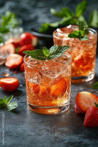 Refreshing citrus drinks paired with tropical flowers and fresh fruit on a te...