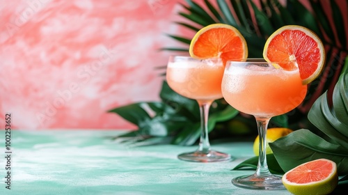 Colorful fruit and refreshing drinks arranged artistically on a wooden table ...