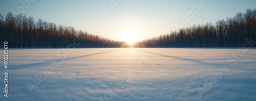 Winter sun casting long shadows on a frozen lake, trees lining the horizon, deep depth of field with cold clarity, winter wonderland, Winter is coming.