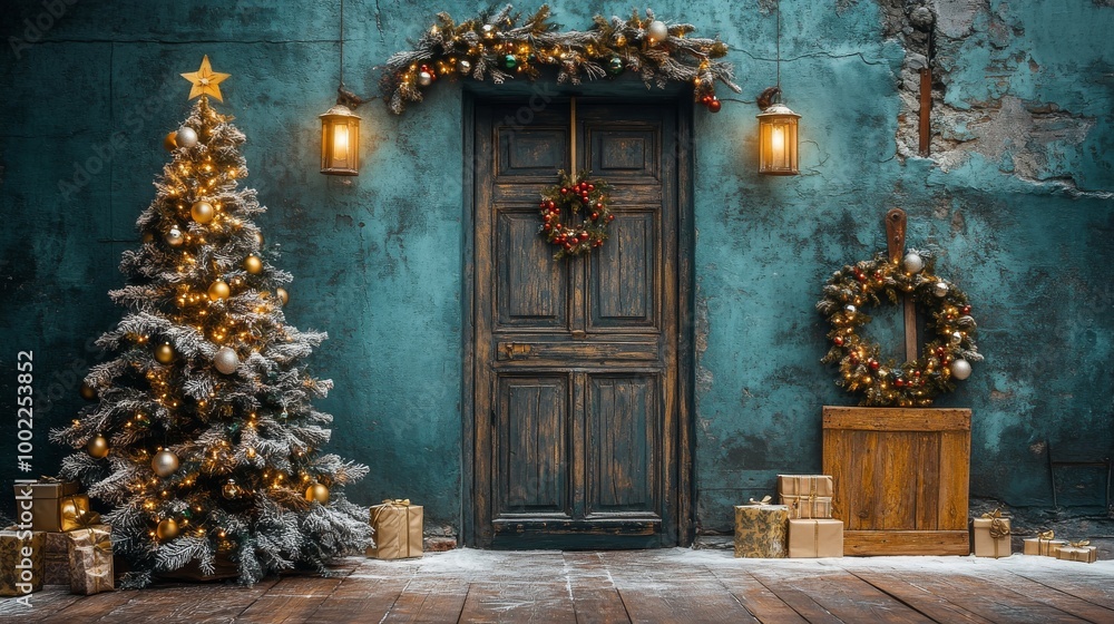 Fototapeta premium Cozy holiday decorations with a Christmas tree and rustic door in a warm, inviting atmosphere