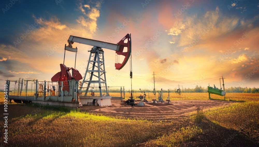 Oil ray pump or Donkey pump dramatic sunset sky - Oil pumps. Oil ray pump or Donkey pump dramatic sunset sky - Oil pumps.