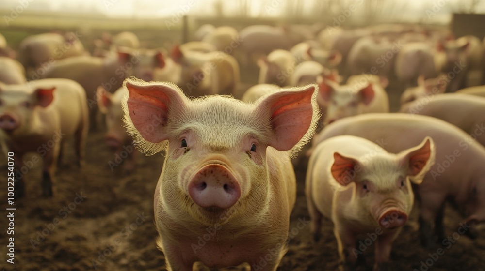 Large group of pigs gathered in a feeding area, demonstrating healthy farm practices Large group of pigs gathered in a feeding area, demonstrating healthy farm practices