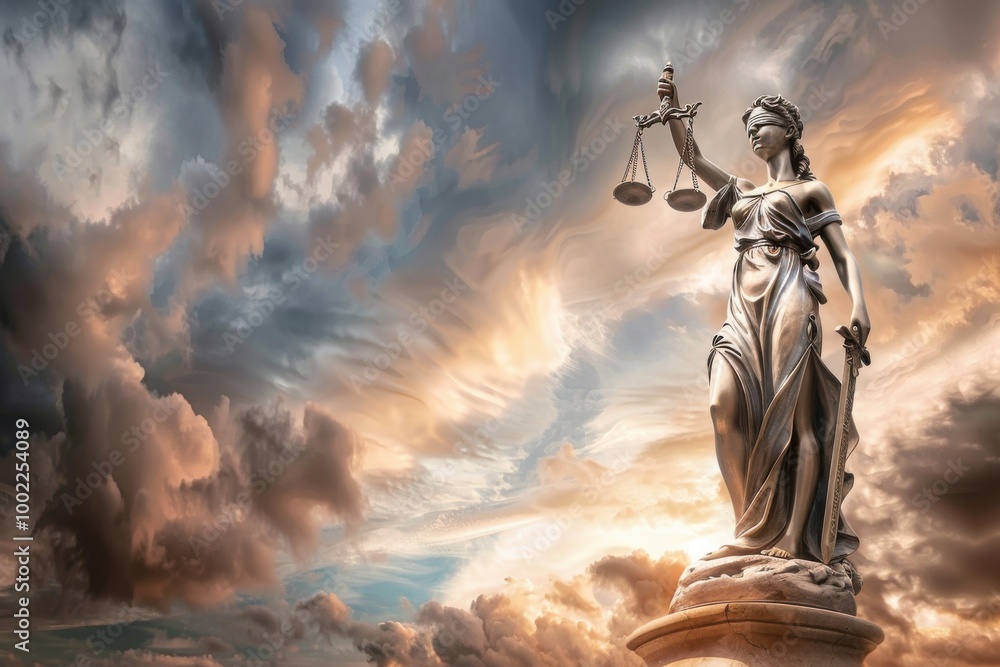 Lady Justice Holding Scales Against Vibrant Sunset Sky Symbolizing Law and Fairness






