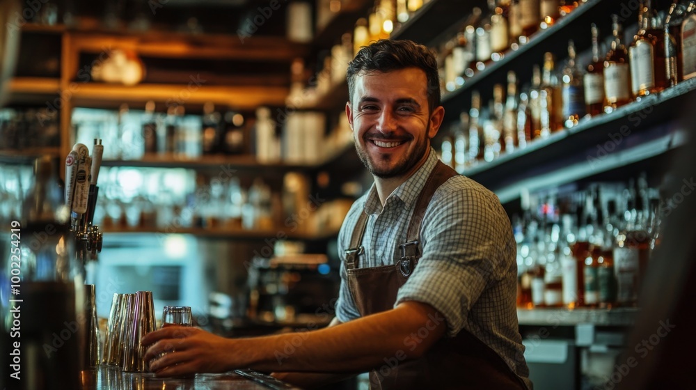 A smiling bartender prepares a drink in a dimly lit bar. A smiling bartender prepares a drink in a dimly lit bar.