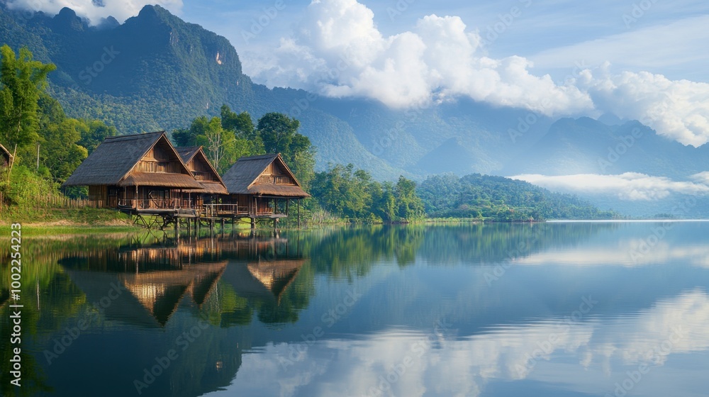The stunning mirror-like surface of Huay Tung Tao Lake, reflecting the surrounding mountains and bamboo huts. The stunning mirror-like surface of Huay Tung Tao Lake, reflecting the surrounding mountains and bamboo huts.