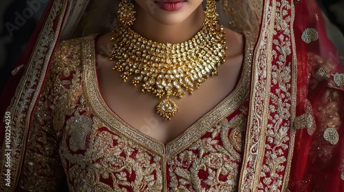 Close-up of a richly embroidered bridal sari, displayed with heavy gold jewelry and traditional Indian wedding accessories. photo