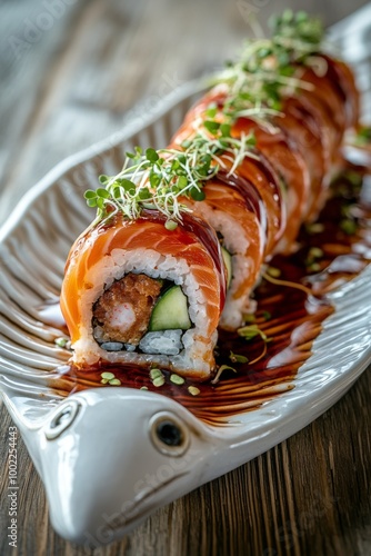 Gourmet sushi roll with salmon and cucumber on a decorative plate