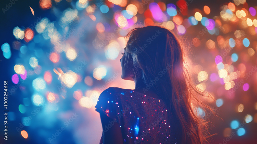Joyful Woman Enjoying Fireworks at a Festive Event Joyful Woman Enjoying Fireworks at a Festive Event