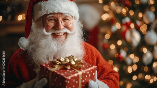 Santa Claus joyfully holding a beautifully wrapped gift in front of a decorat...