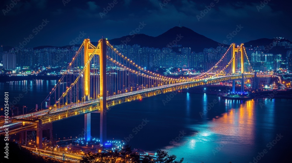 Naklejka premium The stunning view of the Gwangandaegyo Bridge in Busan, lit up at night, showcasing the city's vibrant nightlife.