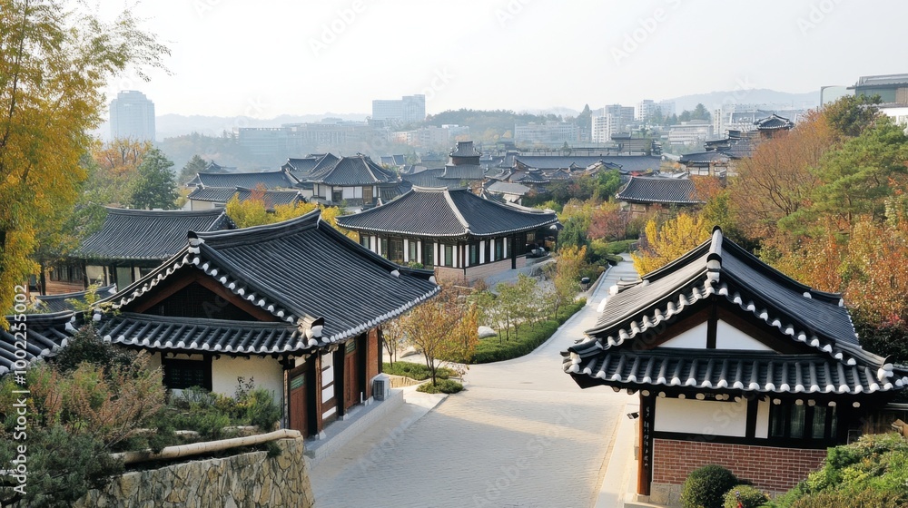 The stunning view of the Hanok Village in Suwon, showcasing traditional architecture and peaceful surroundings. The stunning view of the Hanok Village in Suwon, showcasing traditional architecture and peaceful surroundings.
