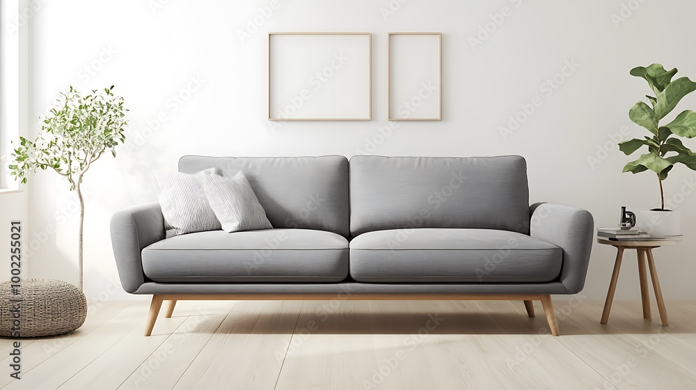 A sleek gray Scandinavian sofa with wooden legs, placed in a bright living room with light wood floors and minimalist decor. A sleek gray Scandinavian sofa with wooden legs, placed in a bright living room with light wood floors and minimalist decor.