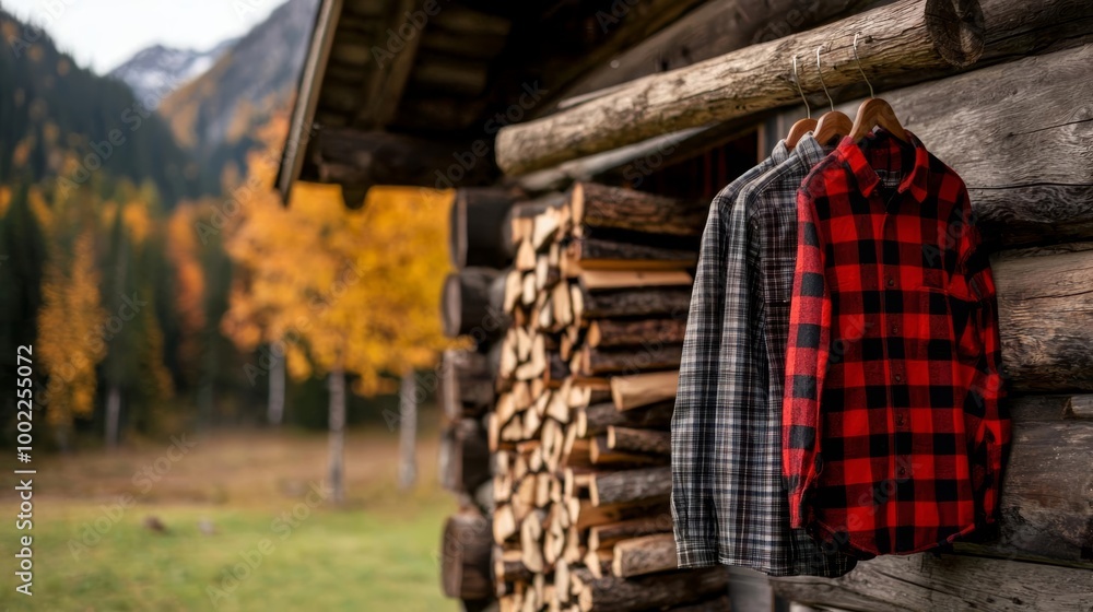 Plaid shirts hanging outside a cozy log cabin in autumn scenery. Plaid shirts hanging outside a cozy log cabin in autumn scenery.