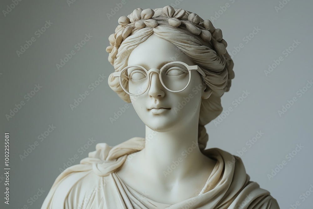 A serene marble bust wearing glasses, with a wreath of leaves adorning the head, softly lit A serene marble bust wearing glasses, with a wreath of leaves adorning the head, softly lit