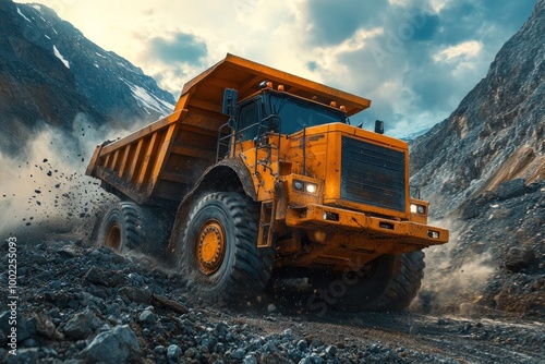 Yellow Dump Truck in Rocky Terrain