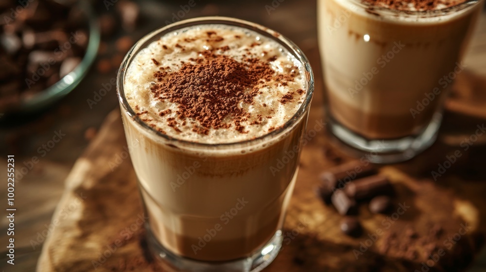 Mocha latte with a sprinkling of cocoa powder, enhancing its rich chocolate flavor Mocha latte with a sprinkling of cocoa powder, enhancing its rich chocolate flavor