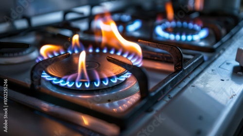 Natural gas flames burning on a kitchen stove