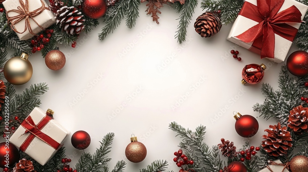 Christmas gifts with pinecones and ornaments on a white background Christmas gifts with pinecones and ornaments on a white background