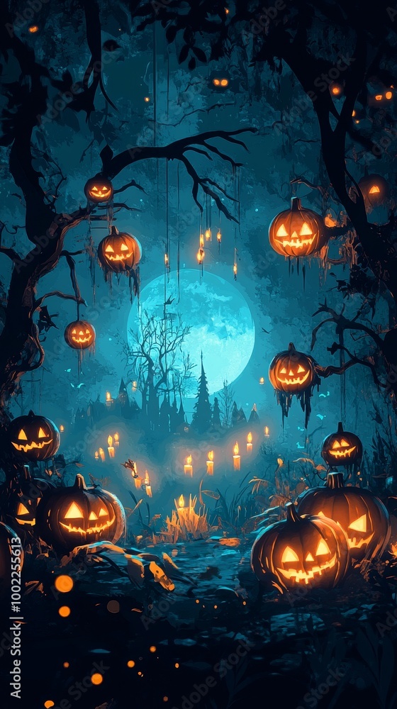 Capture the spooky essence of Halloween with an eerie yet enchanting scene, featuring glowing jack-o'-lanterns, flickering candles, and shadowy silhouettes against a moonlit night Capture the spooky essence of Halloween with an eerie yet enchanting scene, featuring glowing jack-o'-lanterns, flickering candles, and shadowy silhouettes against a moonlit night