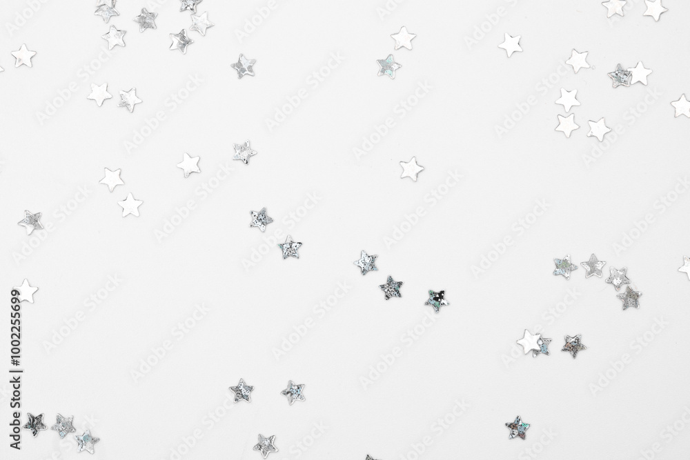 sparkles silver stars on white background with text place- Image sparkles silver stars on white background with text place- Image