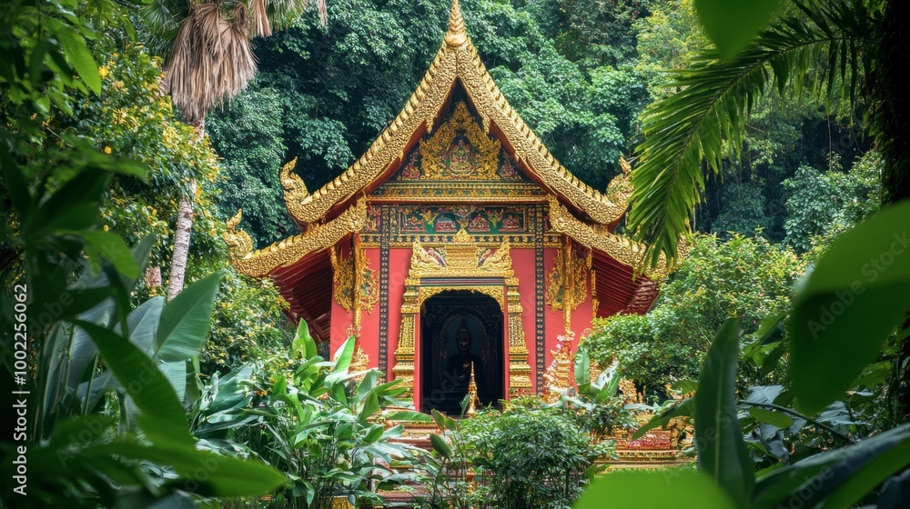 Fototapeta premium The vibrant red and gold decorations of Wat Thung Si Muang, standing out against the green foliage.