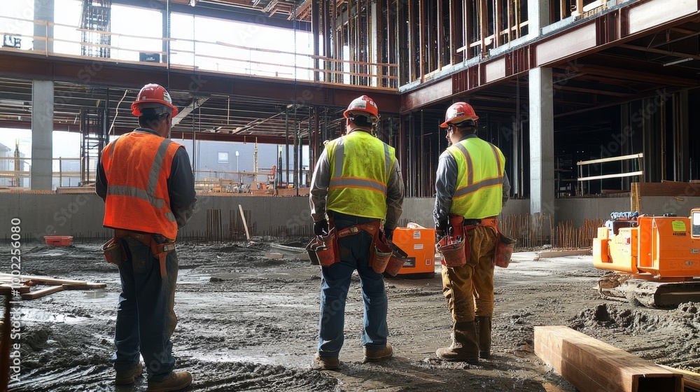 Workers in high-visibility safety gear engaged in construction tasks, with safety measures clearly visible Workers in high-visibility safety gear engaged in construction tasks, with safety measures clearly visible