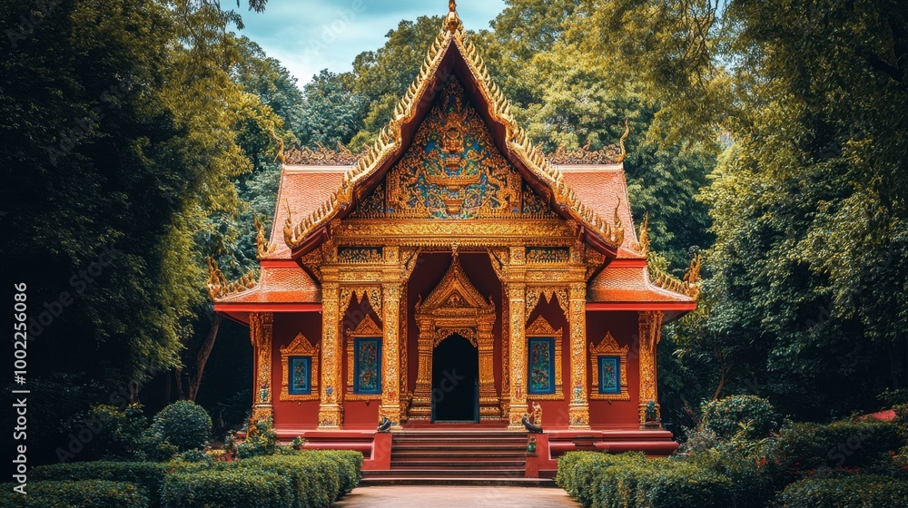 The vibrant red and gold decorations of Wat Thung Si Muang, standing out against the green foliage. The vibrant red and gold decorations of Wat Thung Si Muang, standing out against the green foliage.