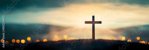 Silhouette of christian cross, lights, bokeh on black background. Copy space. Faith symbol. Church worship, salvation concept. Faith symbol in Jesus Christ. Holy cross for Easter day. Christianity