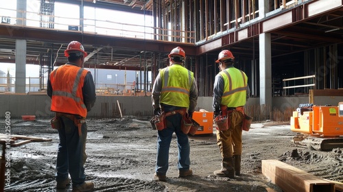 Workers in high-visibility safety gear engaged in construction tasks, with safety measures clearly visible