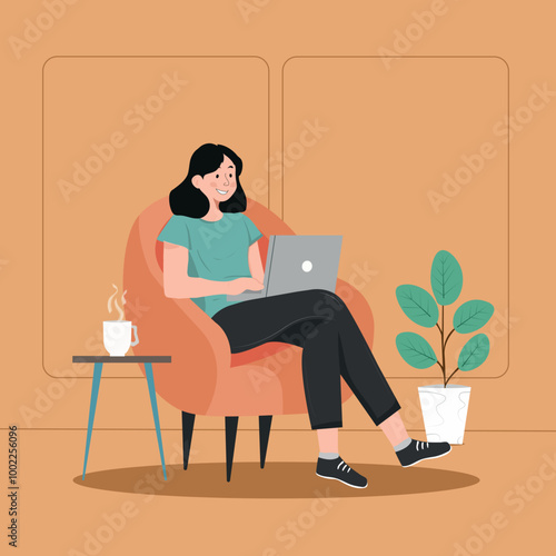 Woman Working on a laptop sitting on the chair