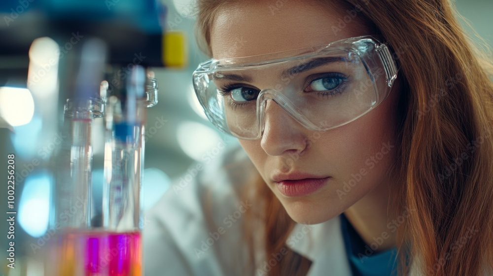 Close-up Portrait of a Female Scientist in a Lab Coat and Safety Glasses Looking at a Test Tube Filled with Pink Liquid Close-up Portrait of a Female Scientist in a Lab Coat and Safety Glasses Looking at a Test Tube Filled with Pink Liquid