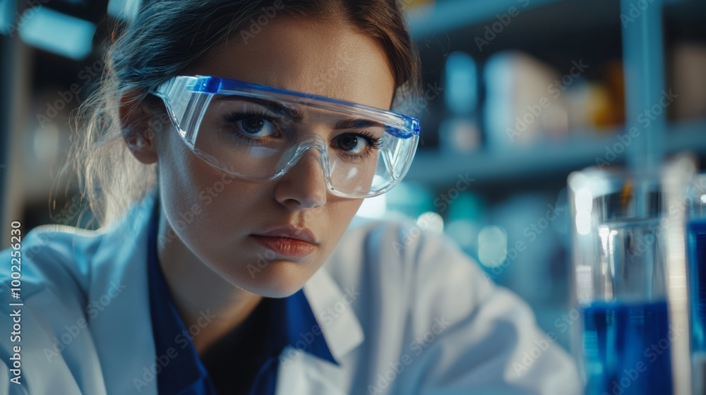 Female Scientist Wearing Safety Glasses in Lab Setting Female Scientist Wearing Safety Glasses in Lab Setting
