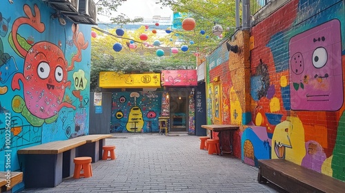 The vibrant street art scene in Hongdae, showcasing colorful murals and youthful energy.