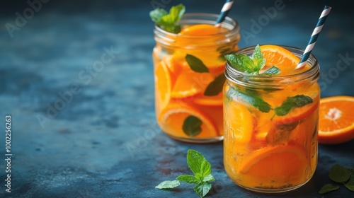 Refreshing papaya drinks served in jars with fresh fruit on a wooden table in...