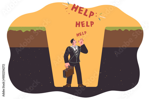 Trap for business man shouting help, standing at bottom of hole, as metaphor for bankruptcy