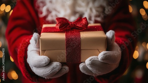 Santa holding a beautifully wrapped gift in front of a decorated Christmas tree