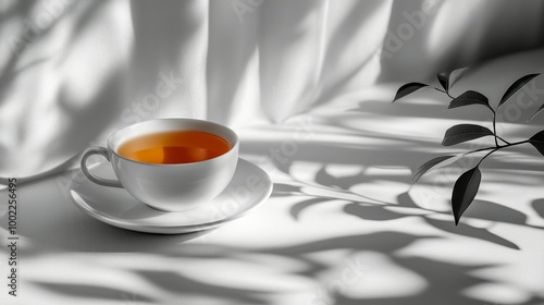 Warm cup of coffee on a table with sunlight casting shadows in the morning