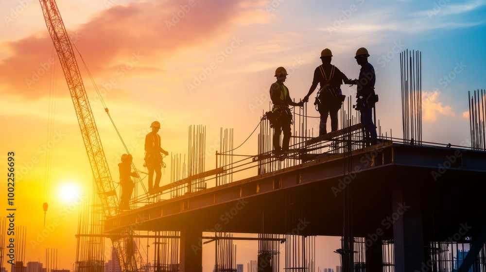 Fototapeta premium Workers on a construction site performing tasks with safety harnesses and helmets, following safety protocols