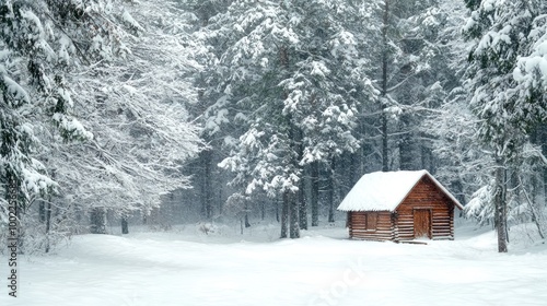 a small wooden cabin providing shelter in the middle of a dense, snowy forest.