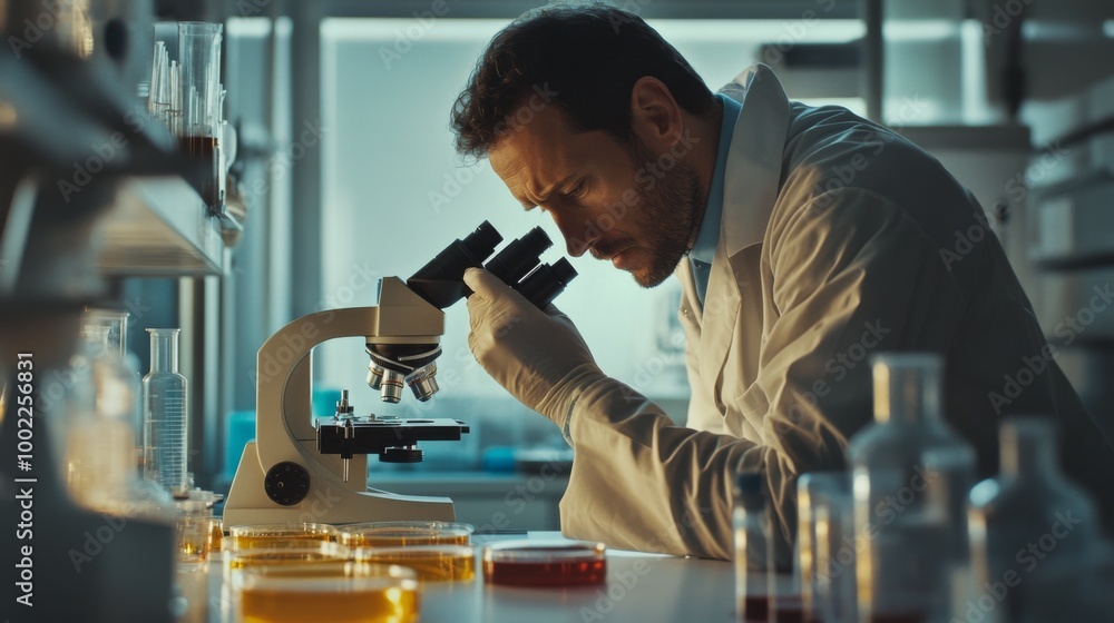 A Male Scientist Examining a Sample Through a Microscope in a Laboratory A Male Scientist Examining a Sample Through a Microscope in a Laboratory